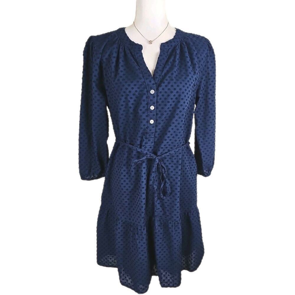 LOFT~Woman Size L~ Navy Blue Henley Flounce Shirtdress Fully Lined. - Picture 8 of 16